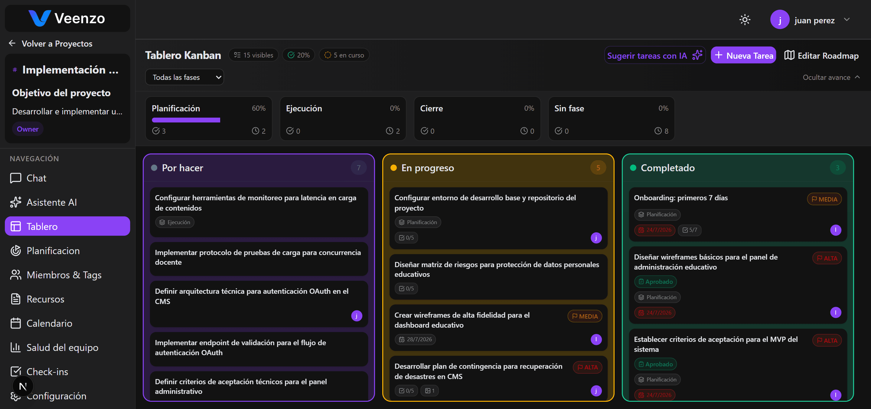 Tablero Kanban de Veenzo con columnas y tareas